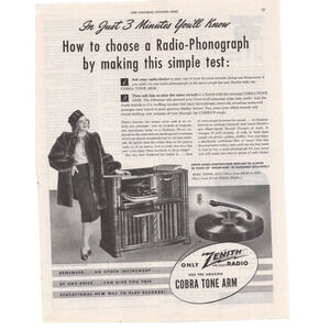 Vintage Original Zenith Radio Phonograph Magazine Advertisement B&W 1950s